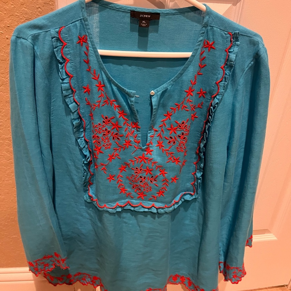 J. Crew Women's Turquoise Embroidered top